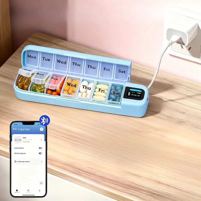 7-Day Smart Pill Box - Bluetooth Medication Organizer with Reminder Alarms, Portable Dispenser for Travel & Home Use