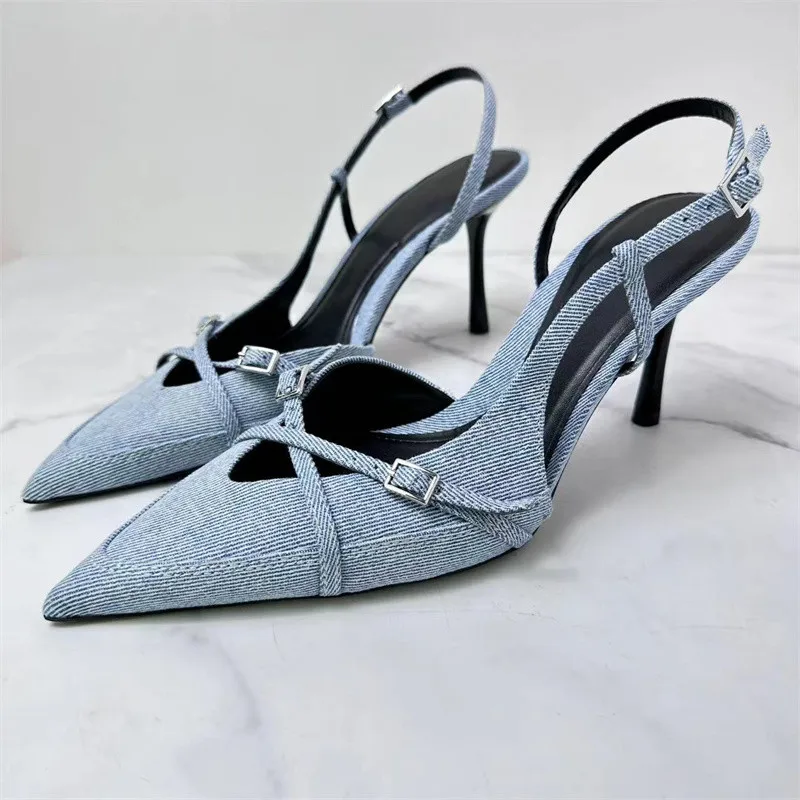 

2024 Denim Women Sandals Sexy Pointed Toe Buckle Strap Ladies Shoes Solid Color Stiletto Fashion Slingbacks Sandalias De Mujer