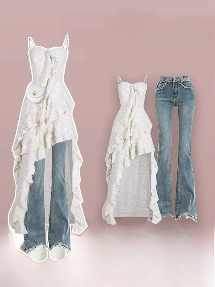 

Summer Hot Girl Outfit Women's Design Sense Floral ter Dr High Waist Slimming Jeans Flared Pants Two Piece Set