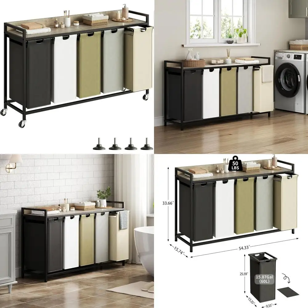 

5-секционный сортировщик белья со съемными сумками с кодированием цветов и портативными колесами для эффективной организации дома