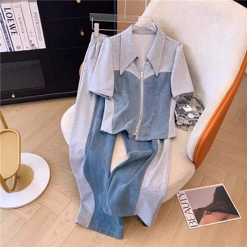 Neploe Lapel Neck Zipper Denim Patchwork Tops Women+ Y2k High Waist Lace Up Wide Leg Pants 2024 Summer New Two Piece Sets