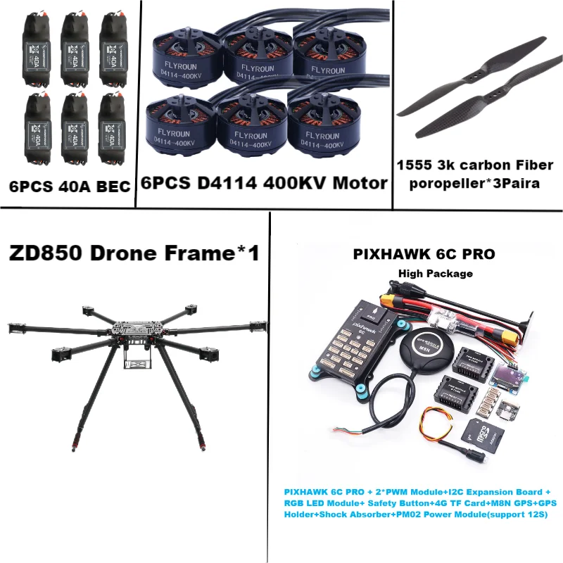 ZD850 6C PRO M8N M9N M10 Full Carbon Fiber 850mm Hexa-Rotor Frame BLHELI 40A ESC Flight Comtrol Rado Telemetrie Set