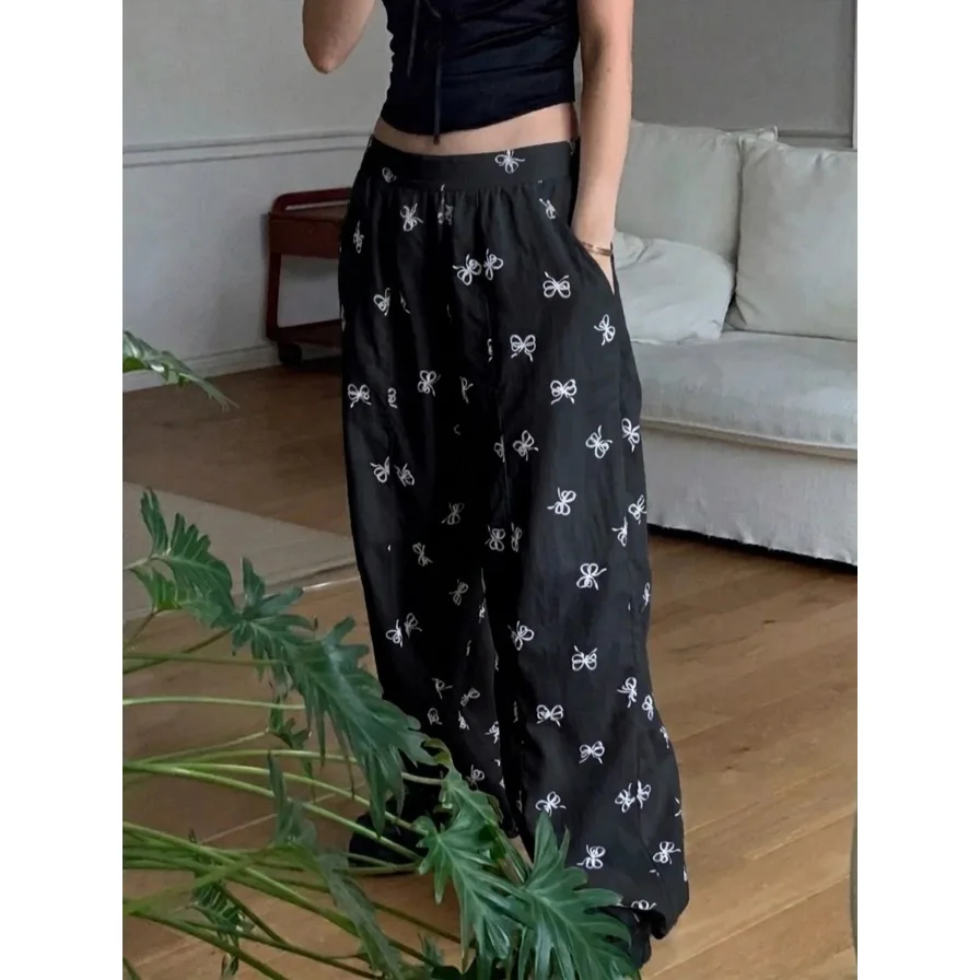 Loose Wide Leg Pants with Elastic Waist And  Knot Print Casual Trousers Japanese Style Women's Polyester Fiber