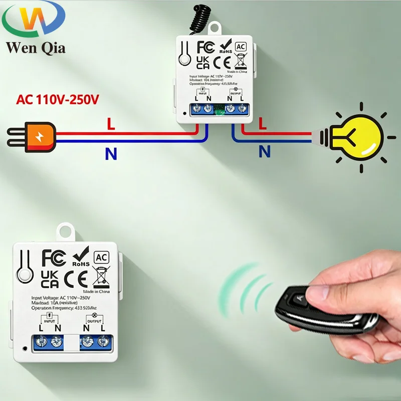 WenQia Rf 433Mhz Wireless Remote Control Switch AC110V 220V 10A 2200W Relay Mini Receiver 50M Control Range for Lamp Light Fan