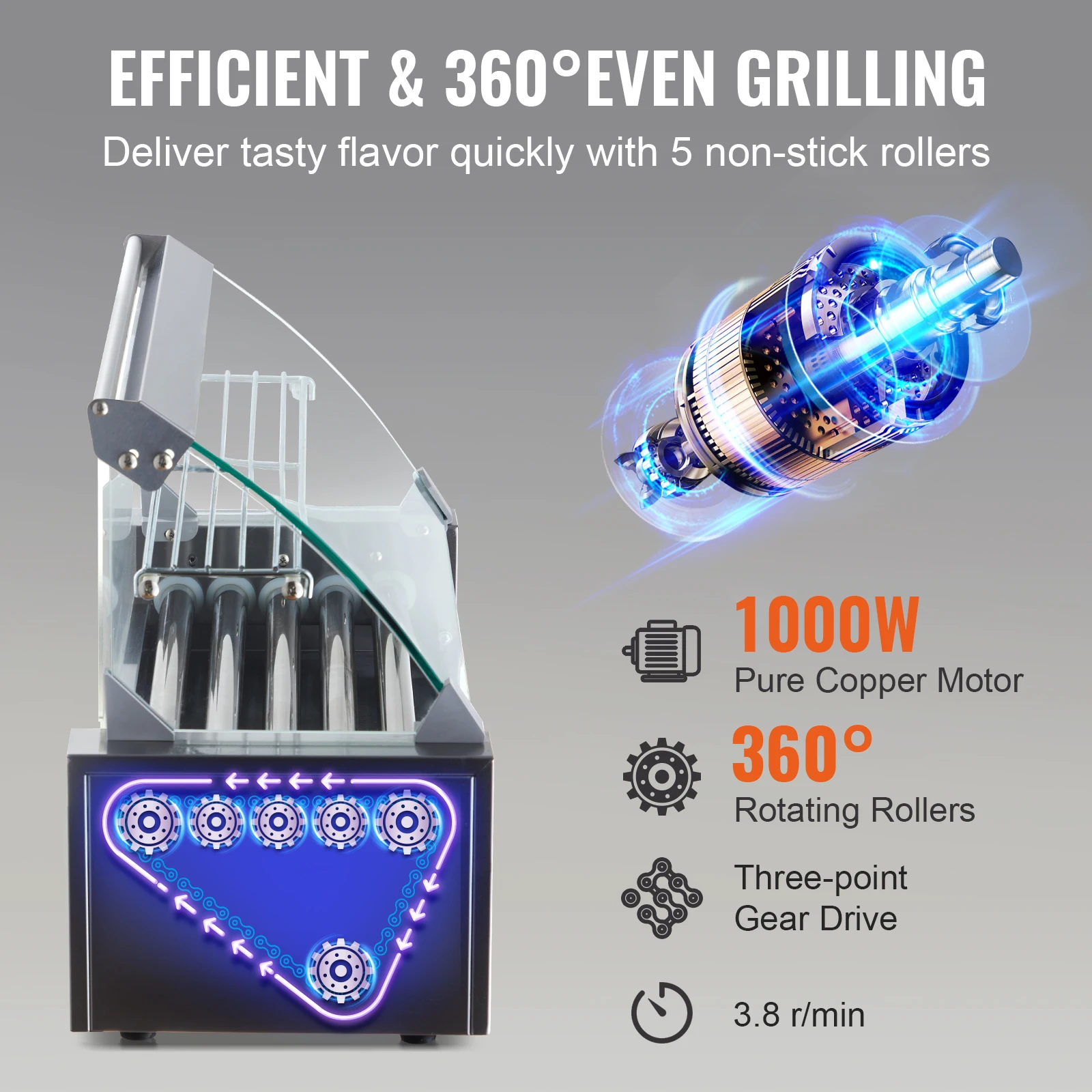 SucceBuy 5-7 بكرات هوت دوج الأسطوانة هوت دوج قدرة الفولاذ المقاوم للصدأ السجق شواء آلة طباخ مع غطاء زجاجي مزدوج التحكم في درجة الحرارة