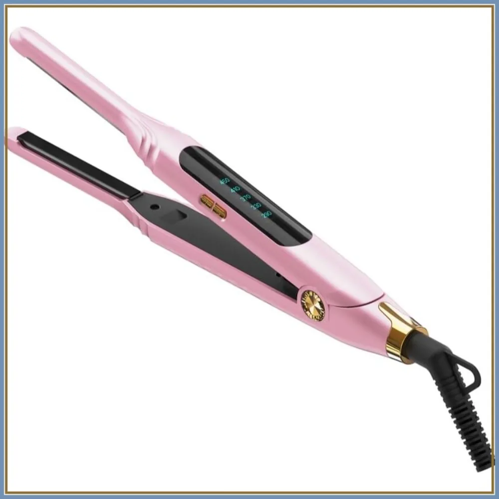 

Mini Flat Iron for Short Hair, Pixie Cut & Bangs - Pencil Hair Straightener with LED Display, Dual Voltage, 15s Heat Up (Pink)