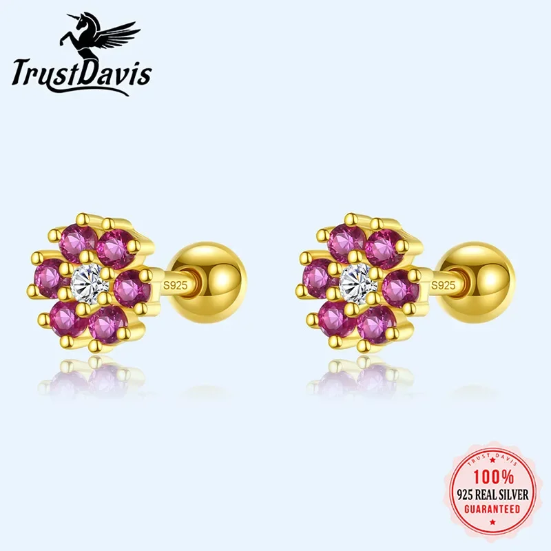 

TrustDavis Real 925 Sterling Silver Sweet Flower Colour CZ Screw Stud Earrings For Women Wedding Valentine's Day Jewelry DF153