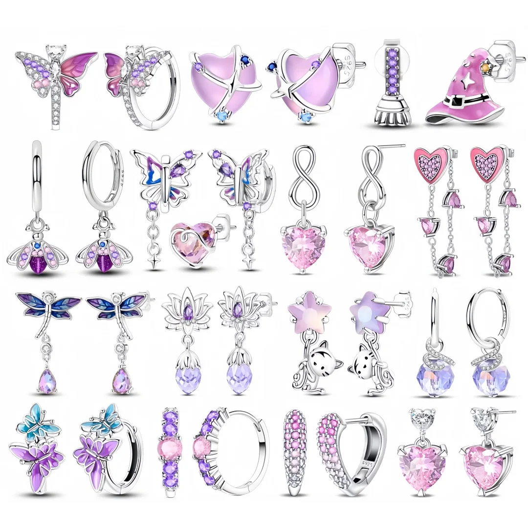 Creolen aus 925er Silber, pastellviolett, funkelnde Schleife, Sternenlicht-Kristall-Ohrstecker für Frauen, Diamant-Huggie-Geburtstagsgeschenk