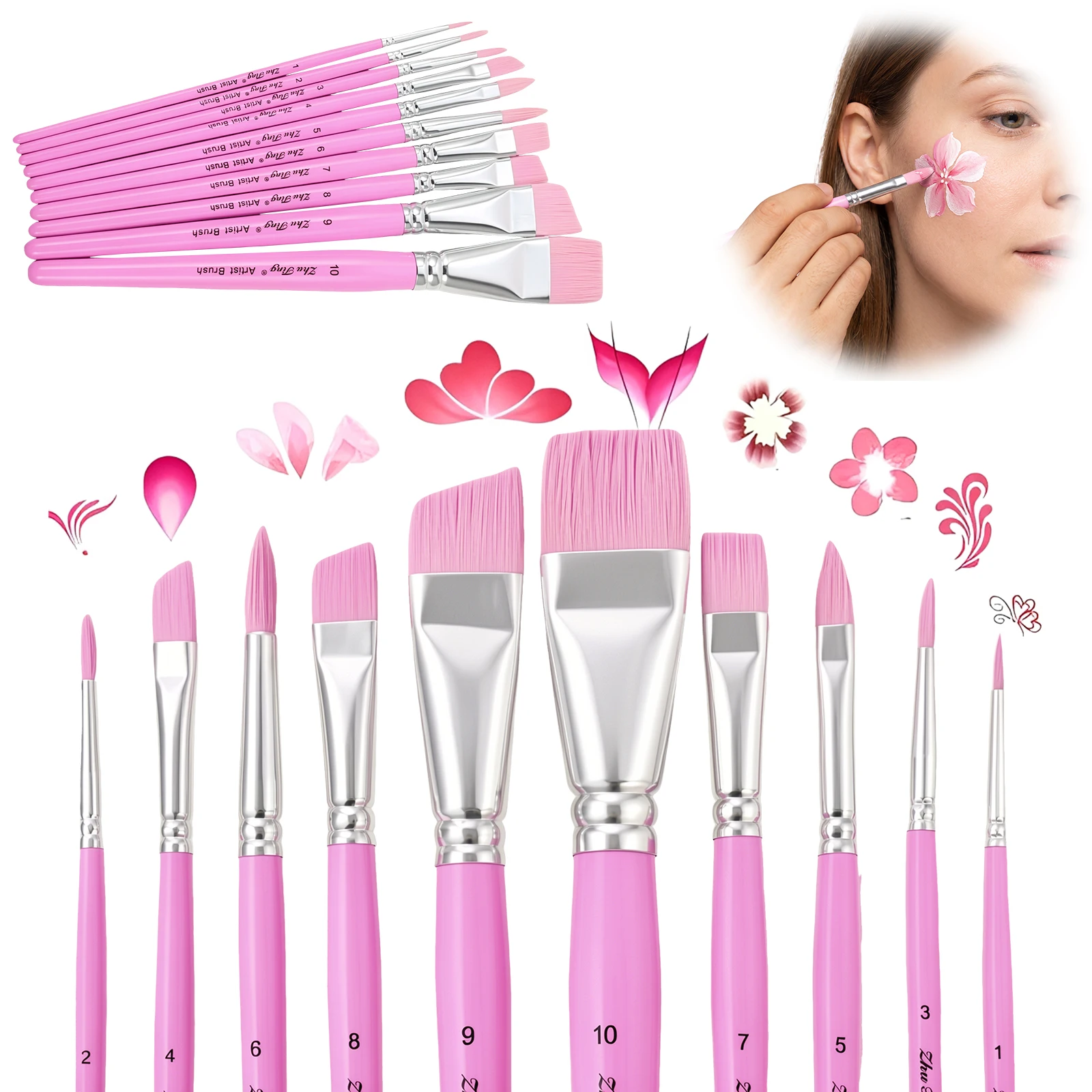10Pcs Professional Painting Brush Set Watercolor Oil Body Paint Brushes for Artistic Makeup Design Facial and Body Art Brushes