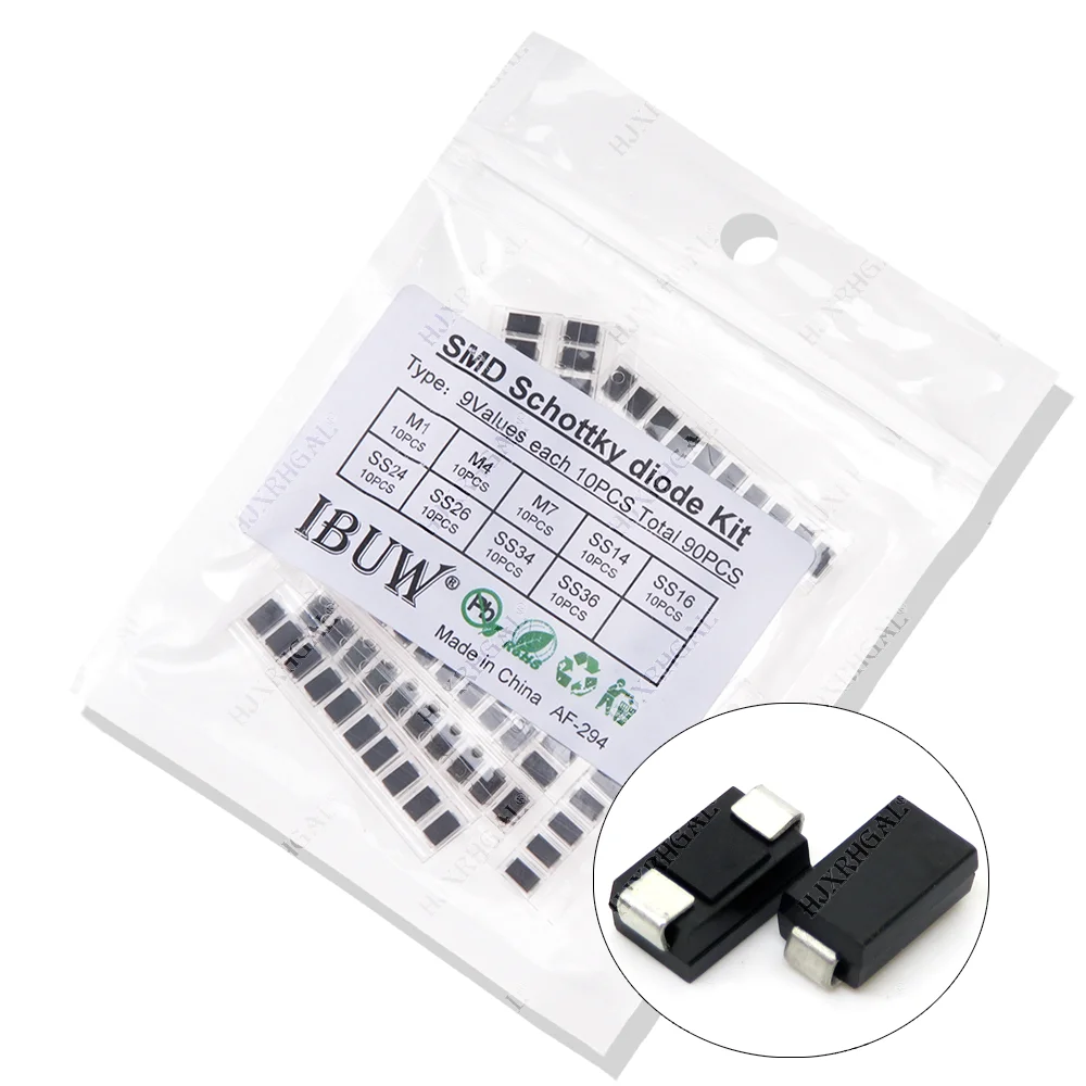 90pcs 9values x 10pcs 1N4001 1N4004 1N4007 SS14 SS24 SS34 SS16 SS26 SS36 SMD schottky diode assort kit