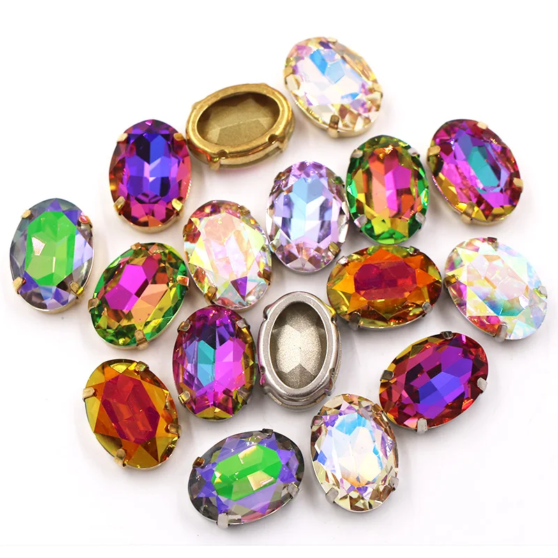 Clothing Accessories Oval Shape Glass Crystal Stones Golden Claw Setting Plating AB Rhinestones Sew On Garment/Shoes/Bag