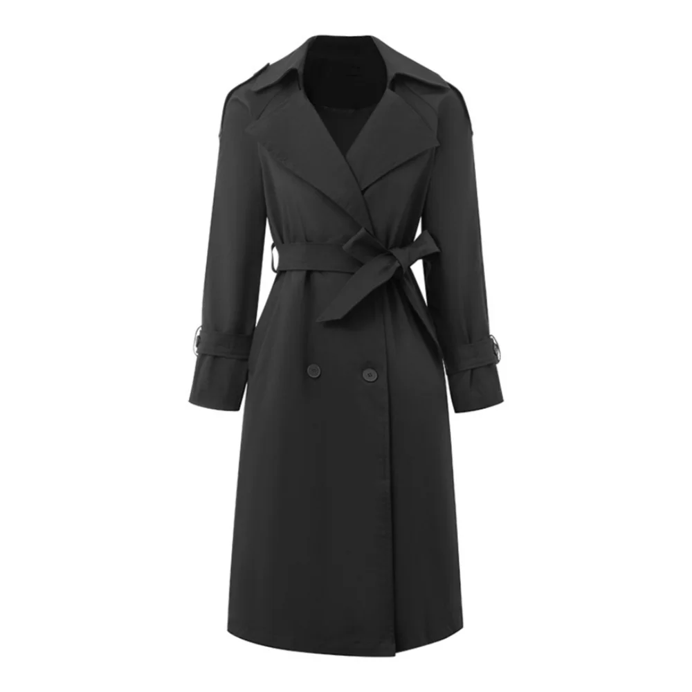 2024 Autumn Women\'s Polo collar Mid-length Jacket Buttons Lace-up Casual Stylish Trench Coat Everyday Commuter Outerwear