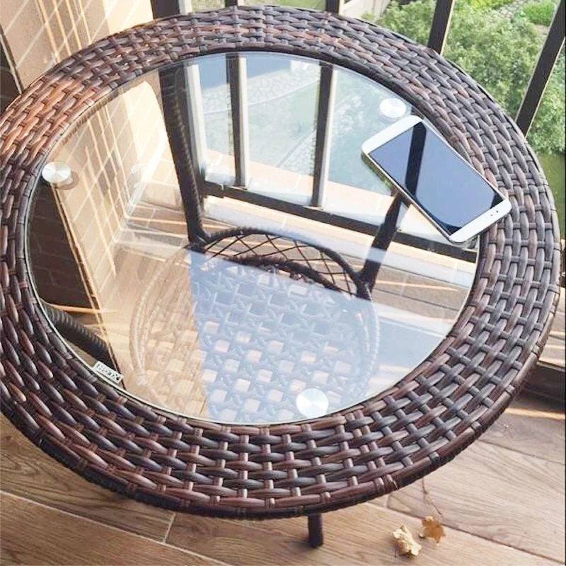 For Simple Small Round Table Mini Rattan Coffee Table Round Set Diameter 80 Height 70 External Glass