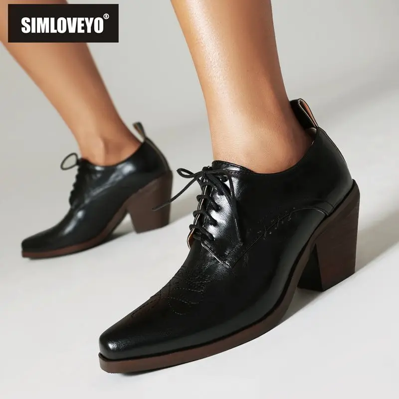 SIMLOVEYO Vintage Classic Female Pumps Chunky Heels 7cm Toe Lace Up Size 46 47 48 Fashion Daily Office Ladies Shoes