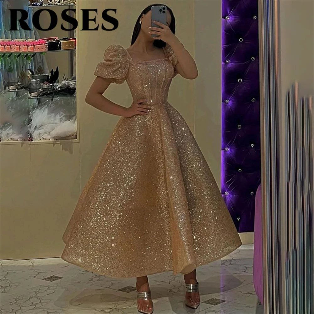 

ROSES Glitter Gold Prom Dress Shiny A-Line Prom Gown Sequins Short Front and Back Short Formal Dresses for Woman Customized