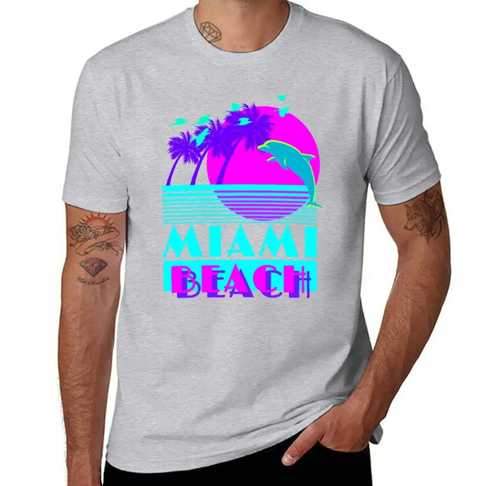 black t shirts custom t shirts Short sleeve designer t shirt men New Miami Beach Dolphin Retro T-Shirt harajuku oversized