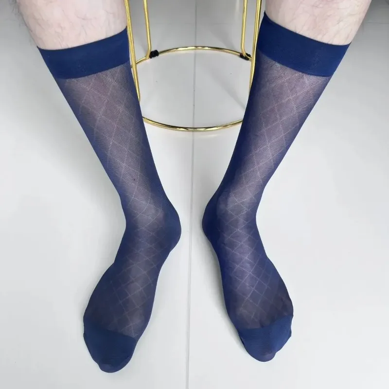 Mens Sheer Long Socks Sexy Soft Breathable Transparent Check Ultra Thin Formal Business Stockings Man Nylon Rhombus Dress Socks - view 6