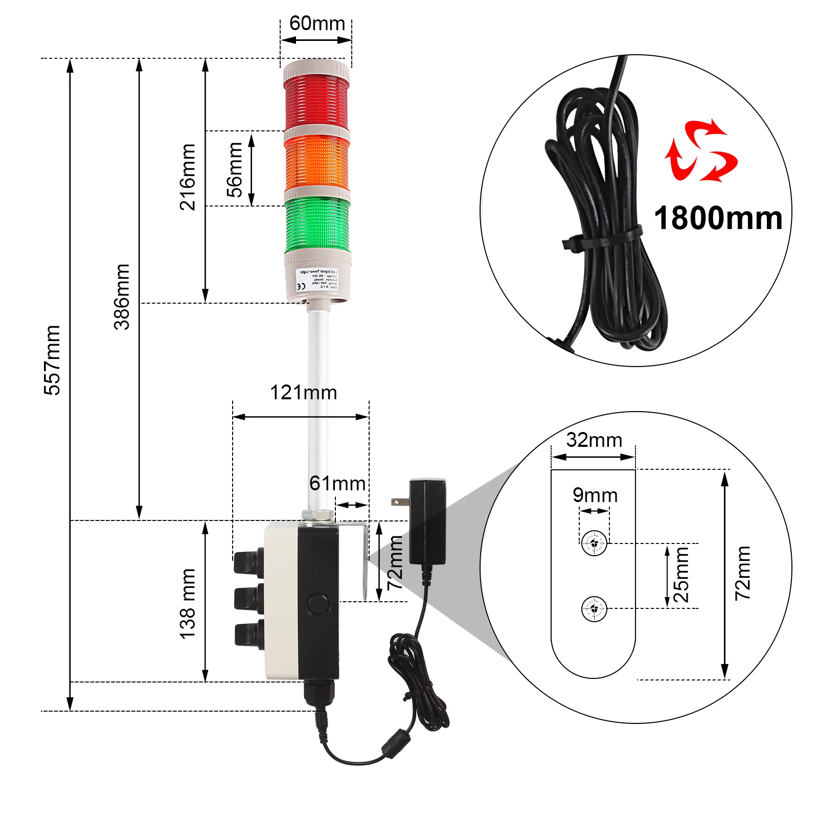 ANDONT 3 Stack Super Bright LED Andon Tower Lights, แดง/เหลือง/เขียว, Off-ON, อะแดปเตอร์อุตสาหกรรม 6 ฟุต, IP65, Plug Play Ready