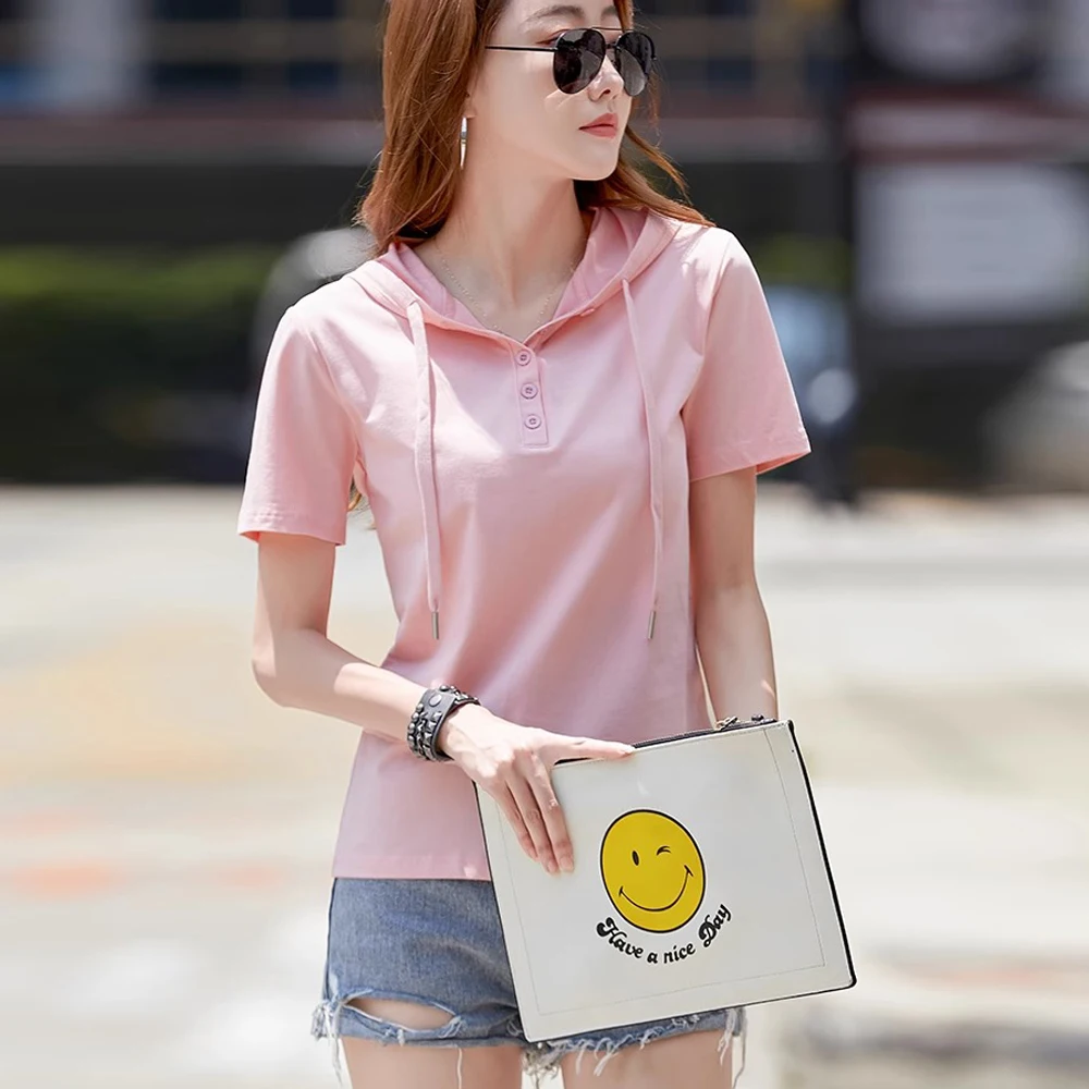 European station hooded short sleeved T-shirt for women's summer new fashionable light luxury style loose casual oversized top