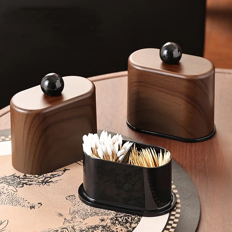 HeMu Dual Compartment Flip Cover Cotton Swab Holder, Wood Grain Dustproof Toothpick Qtip Organizer for Vanity Countertop