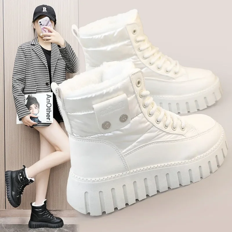 

New Solid Color Women's Shoes 2024 Winter Mid-top Women Platform Boots Warm Thick Bottom Sports Casual Snow Boots Women