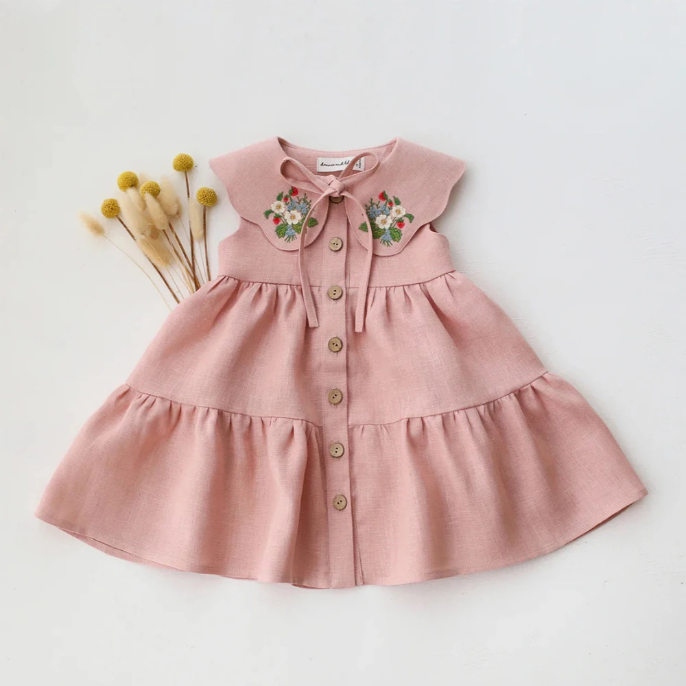 

Летнее платье для девочек 1-4 лет с вышивкой на воротнике, из льна и хлопка, однобортное, свободного кроя, повседневное.