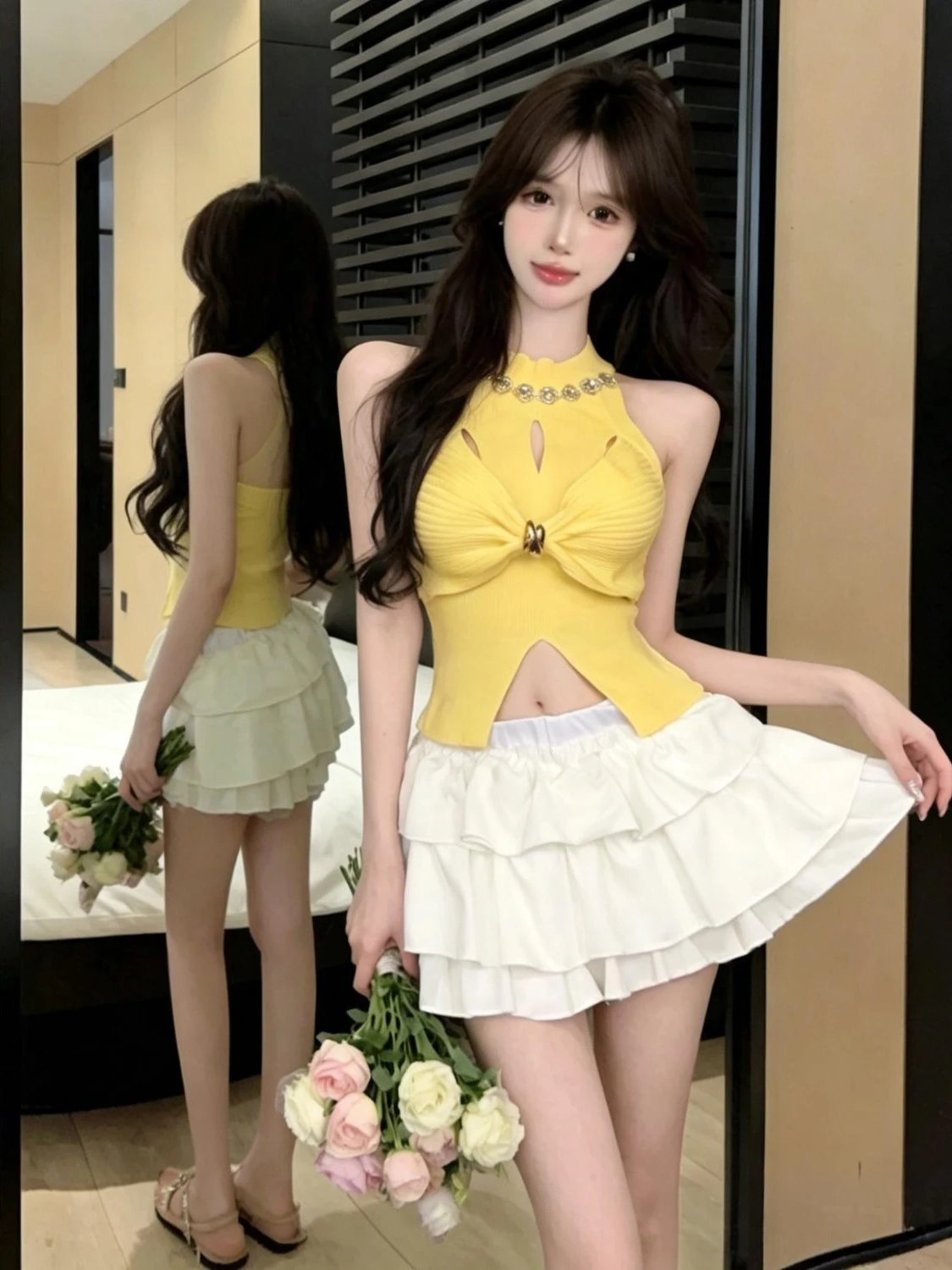 

Pure Desire Spicy Girl Sleeveless Knitted Vest High Waist Cake Short Skirt Set Hollow out Knot Hanging Neck Split Fashionable