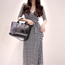 Spring Autumn New V-neck Three Quarter Fashion Midi Dress Women High Street Printing Dresses Vintage Elegant All-match Vestidos