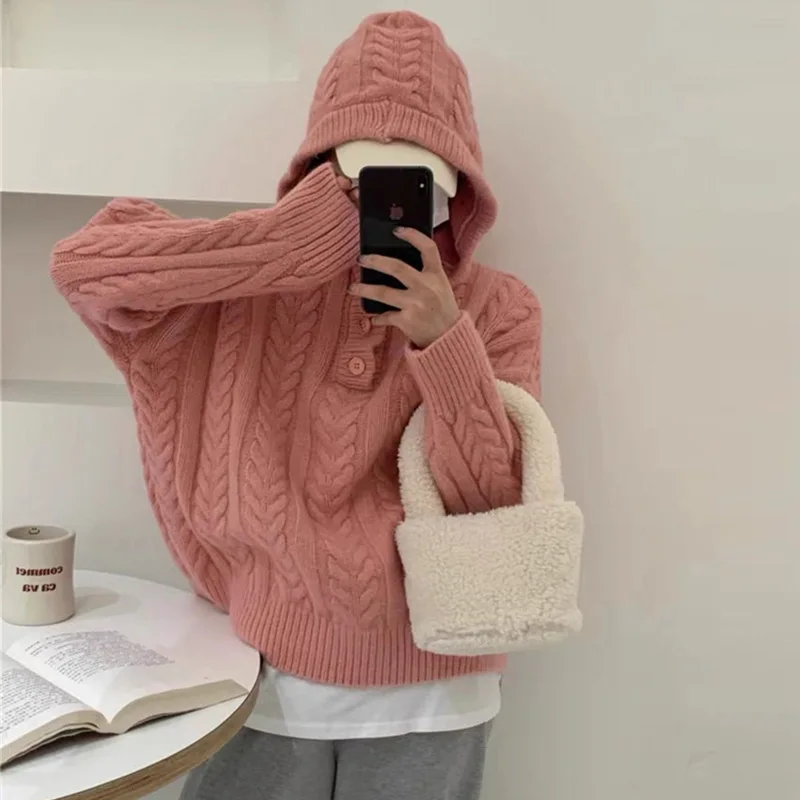 

Women's Autumn and Winter Sweater Casual Solid Color Versatile Hooded Pullover Jumpers Thickened Warm Loose Knitwear Y2k Tops