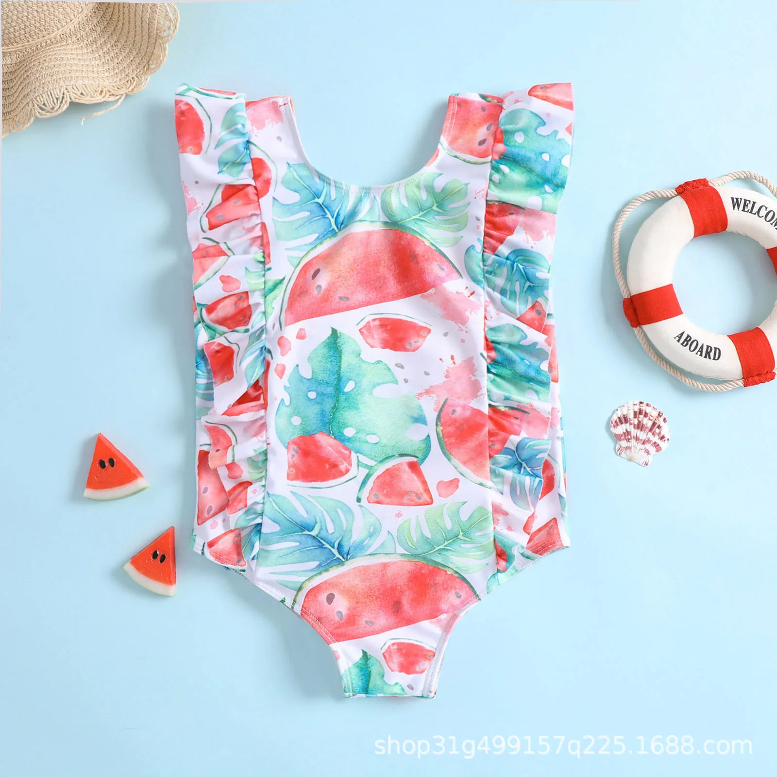 Toddler one piece swimsuit with ruffle and watermelon tropical leaf pattern for pool and beach water play
