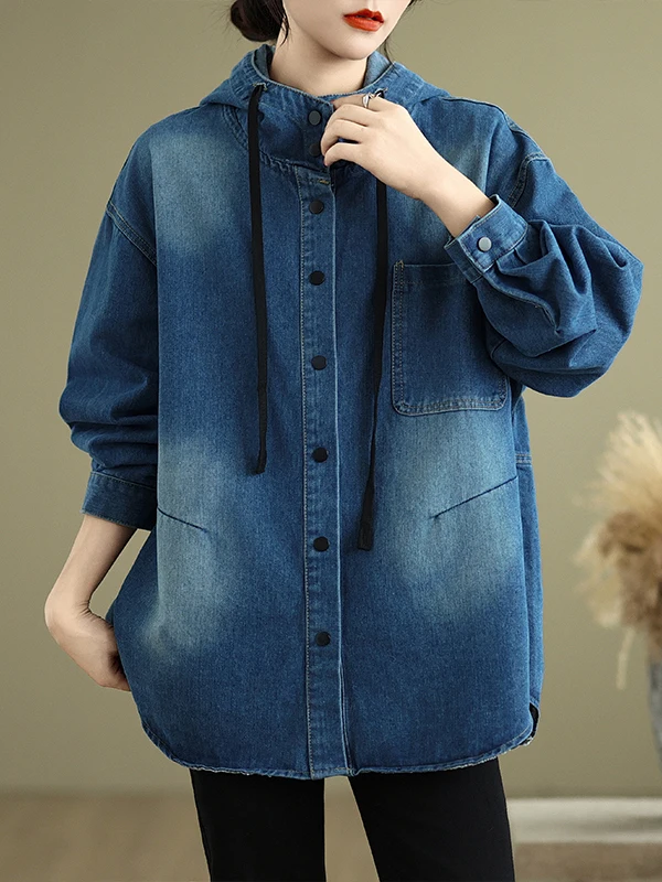 여성용 패셔너블 캐주얼 후드 데님 재킷 디자인 루즈 슬림핏 탑 빈티지 스타일 긴 소매 버튼 클로저 가디건