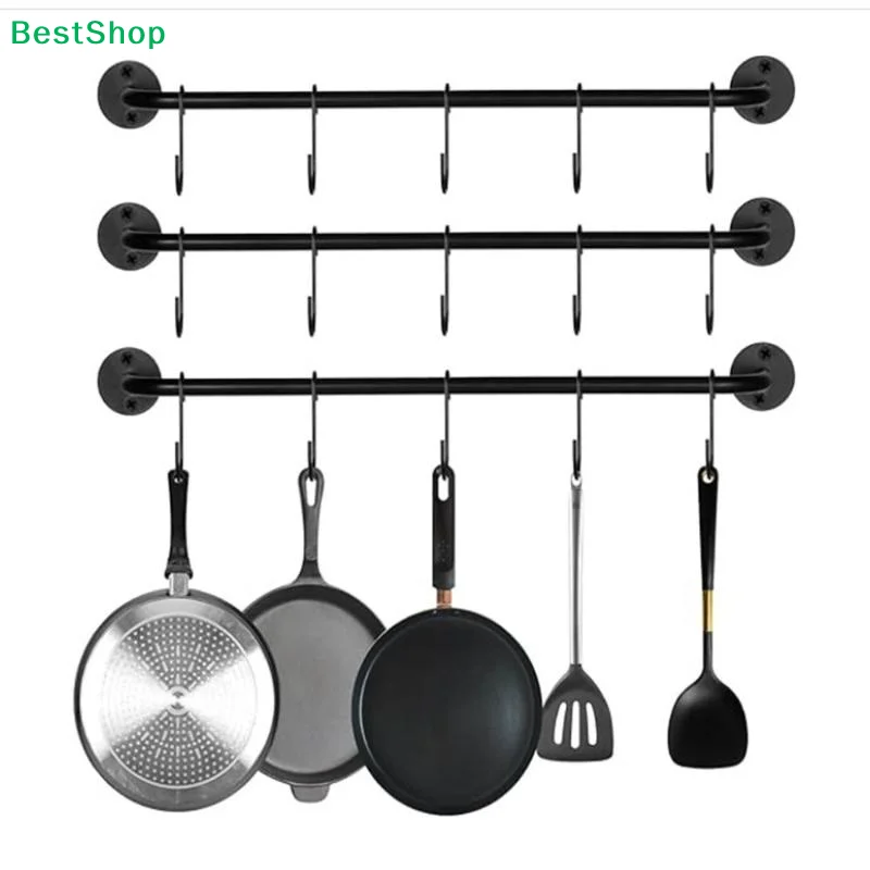 〔Q〕Wall Mounted Metal Coffee Cup Holder 6 Hooks Rustic Black For Kitchen Restaurant Coffee Bar