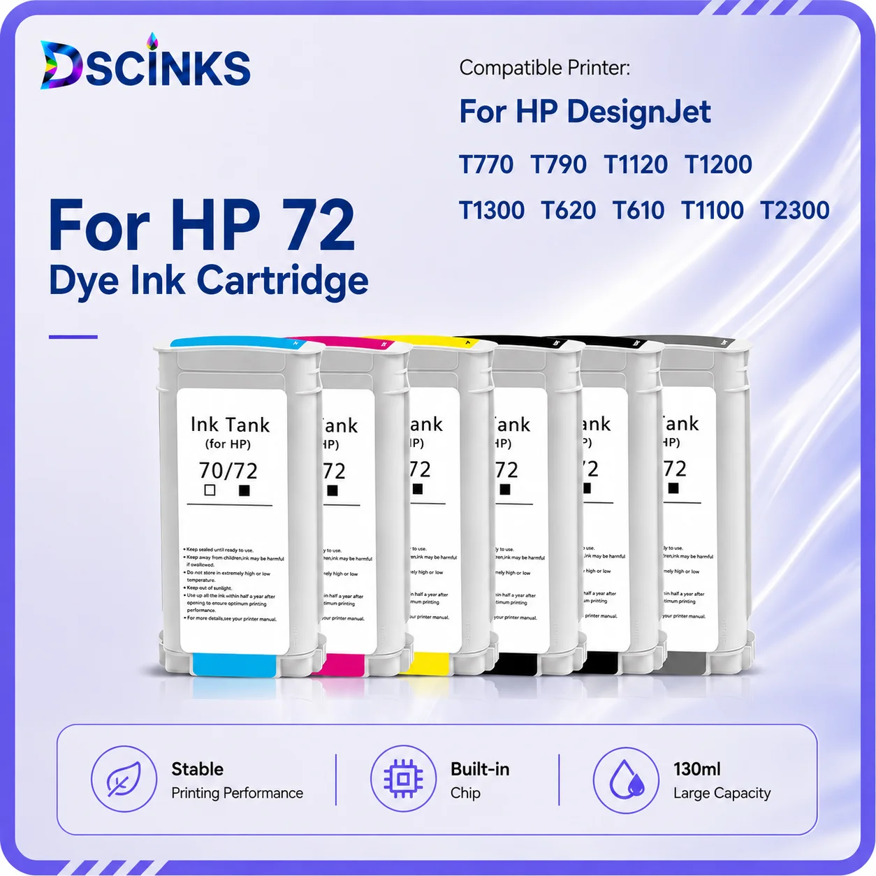 For HP 72 Compatible Ink Cartridge  For HP DesignJet T770 T790 T1120 T1200 T1300 T620 T610 T1100 T2300 Printer Dye Ink 130ML