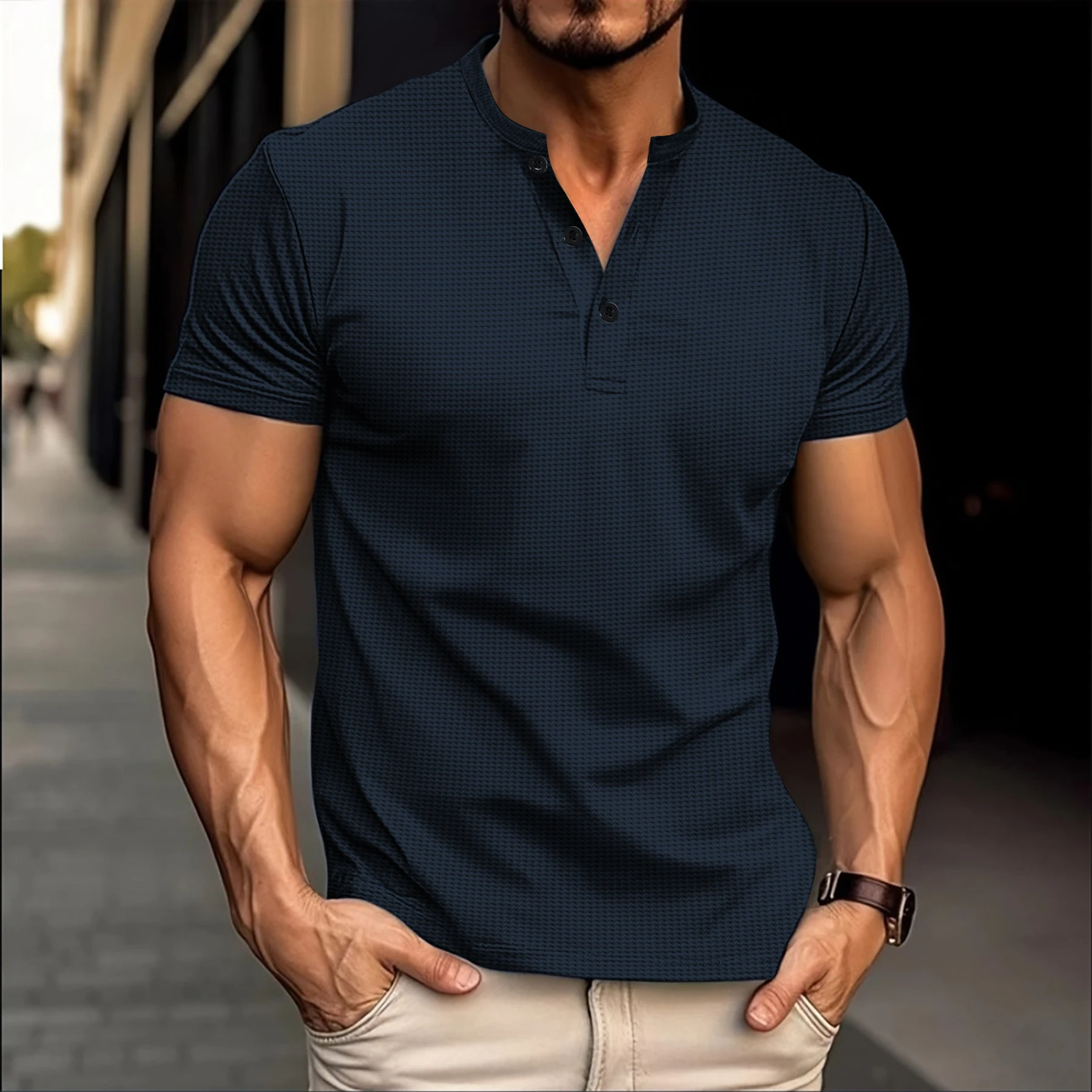 2024 Best-Selling Men\'s Henry Shirt Solid Color Crewneck Button-Down Men\'s Short-Sleeved Casual And Comfortable Men\'s Clothing