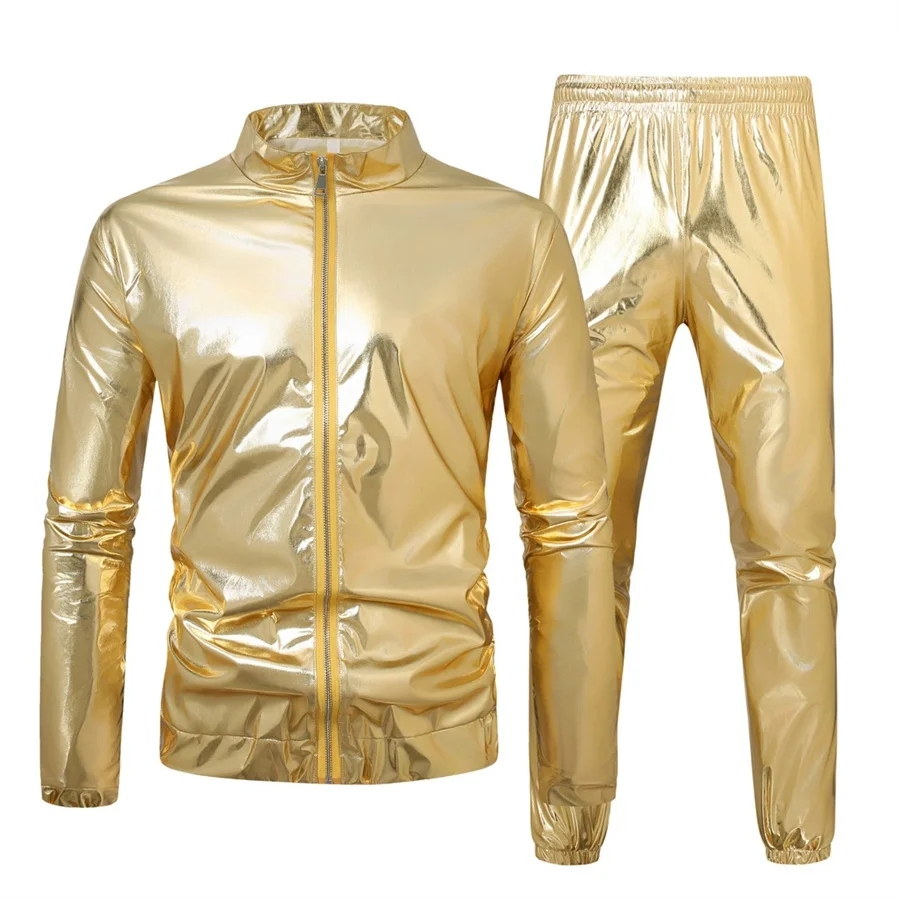 Fashion Men's Sports Suit Shiny Stand Collar Jacket and Long Pants Leisure 2 Piece Sets Men Clothes Stage Costume Tracksuit