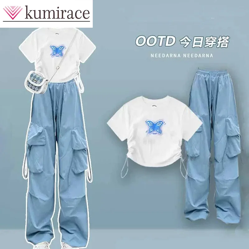 

Summer Women's 2023 Korean Printed Drawstring T-shirt+work Wide Leg Pants Two-piece Fashion Casual Women's Pants Set Pants