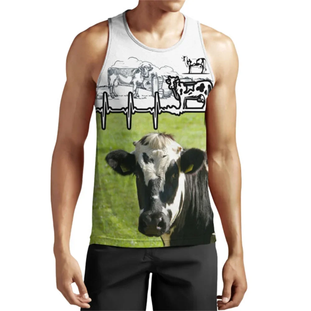 

MSIEESO Men Vest 3D Graphics Dairy Cattle Printed Men Tank Tops Streetwear Sleeveless Fashion Summer Crew Neck Tank Tops