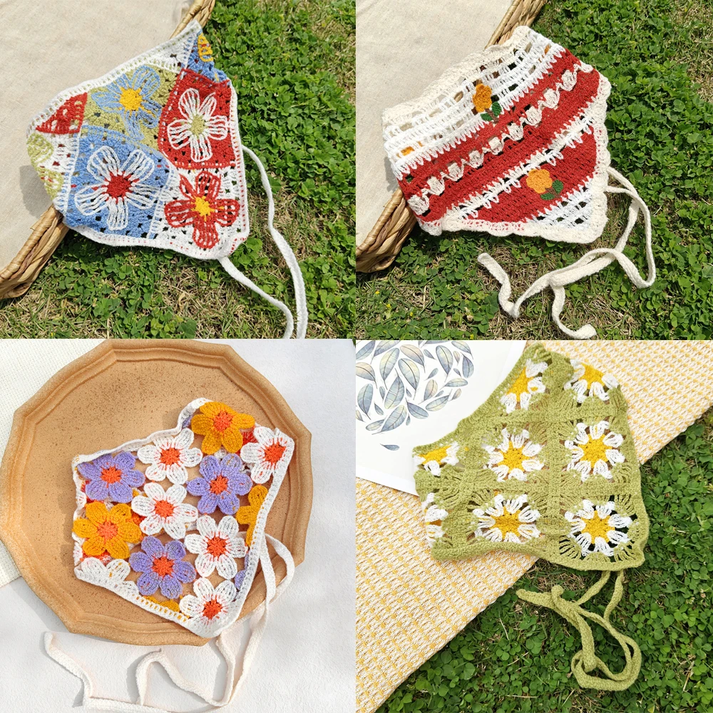 

Summer Hollow Flower Knitted Triangle Hair Scarf For Women Trendy Beach Girls French Pastoral Style Mushroom Headscarf