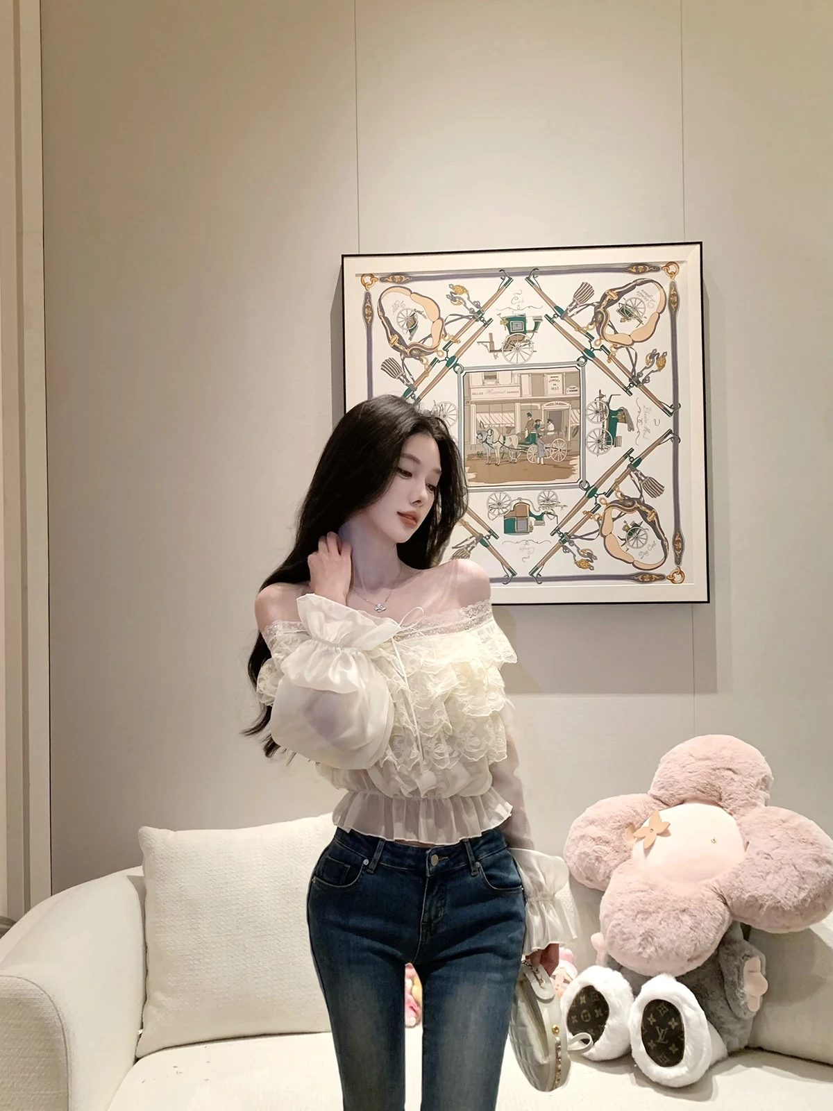 

Сексуальная женская шифоновая блузка JustQin Bud Holiday с одним открытым плечом, новинка лета 2026, приталенная, с кружевными рукавами-колокол, длинная