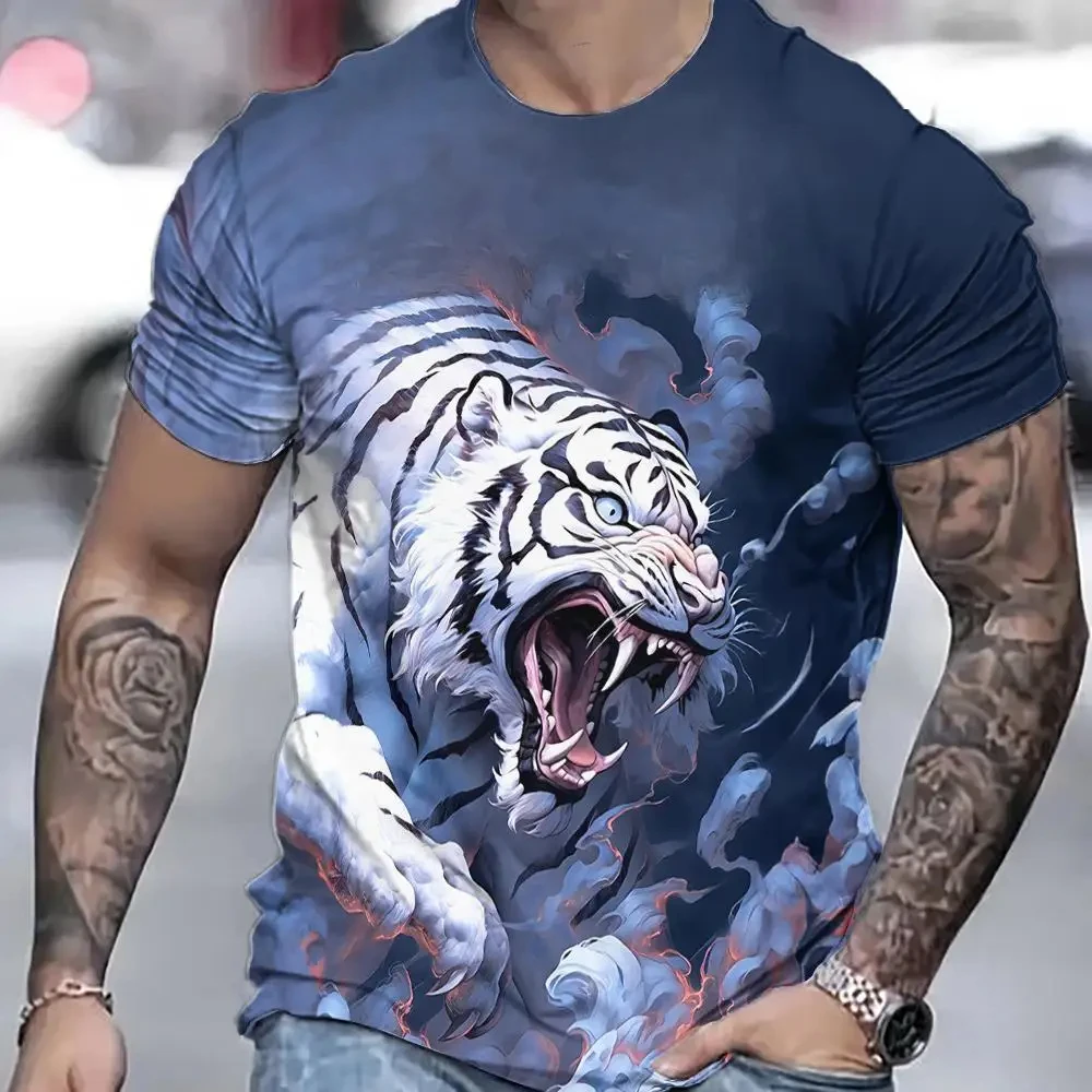 Summer Tiger men\'s T-shirt animal 3D printed men\'s short sleeved fashionable pullover, plus size top, casual men\'s clothing