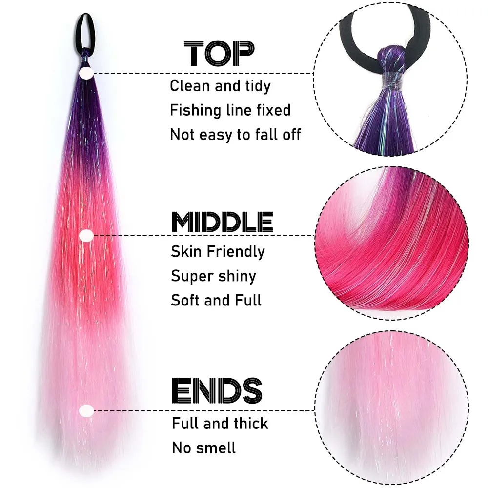 Colored Hair Extensions Synthetic Ombre Braid Ponytail Blend Hair Tinsel with Tie 26 “for Women＆Girls Festival Hair Accessories