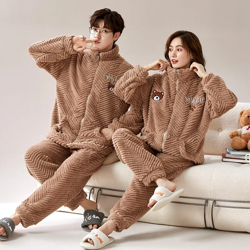 Korean Zipper Nightwear Couples Winter Warm Flannel Pajama Set Women Coral Fleece Pijama Men Casual Home wear pyjama lounge set