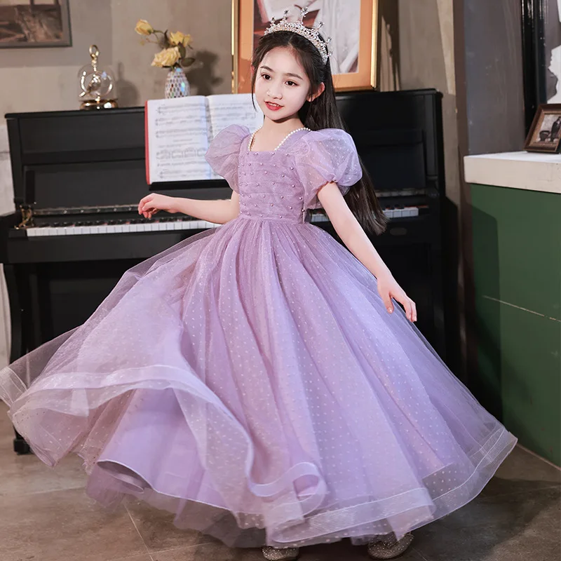 Purple Wedding Flower Girls Gown Pearl Square Neck Long Style Fairy Style Tulle Ball Gown 2024 New Gorgeous Children's Gown