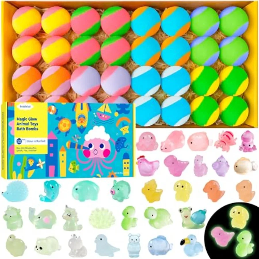 

Bath Bombs for with Surprise Inside, 32 Pack 1.8-Inch Fizzy Bath Bombs with 32 Different Glow-in-the-Dark Animal Toys, Kid-Frie