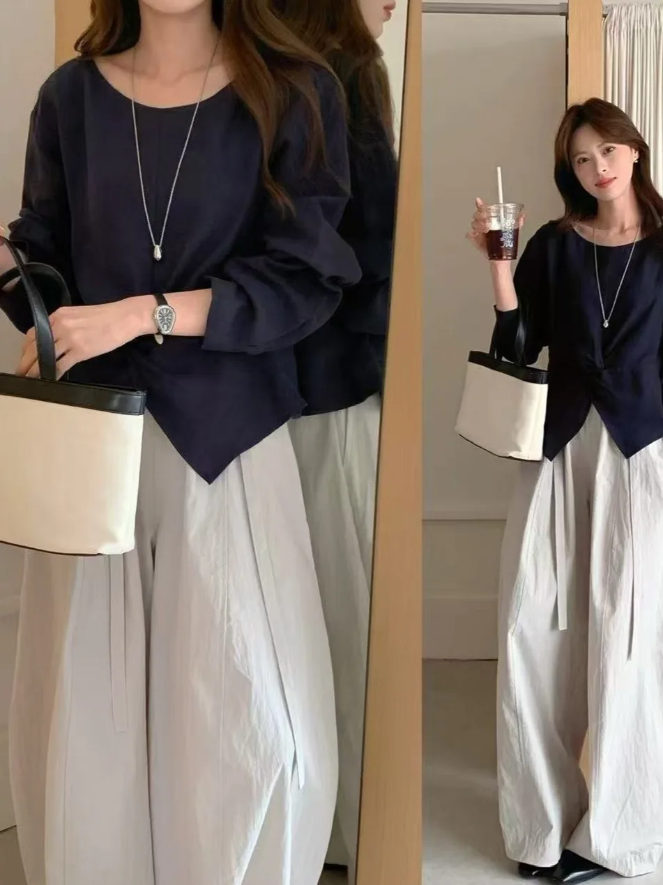 

Elegant Simple Knot Design Women's Shirt White Chic Top Korean Style Loose Fit Bubble Sleeve Regular Length Spring 2026