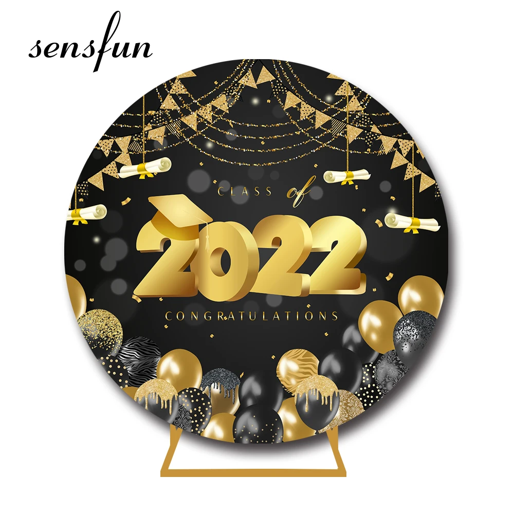 

Black Gold Congratulation Graduation Round Backdrop Cover Class Of 2022 Balloons Back To School Circle Background Elastic