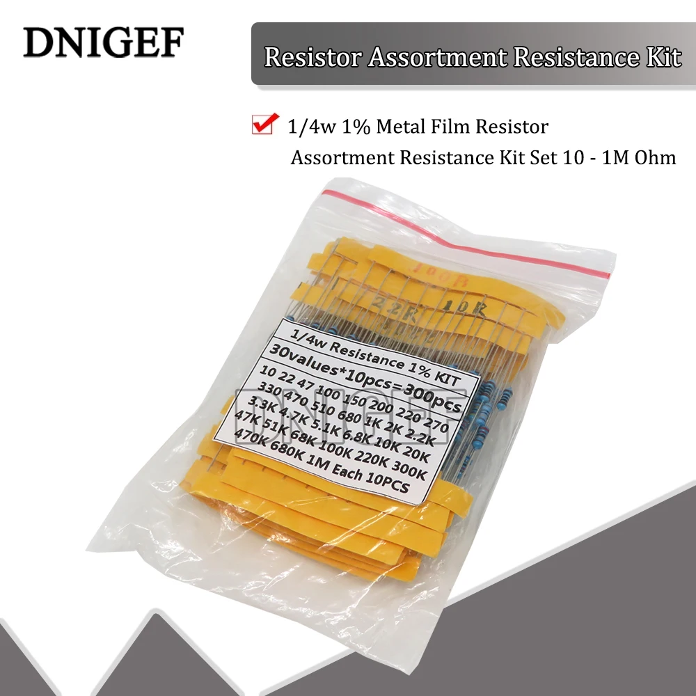 300PCS 1/4w 1% Metal Film Resistor Assortment Resistance Kit Set 10 - 1M Ohm 30Kinds*10pcs=300PCS