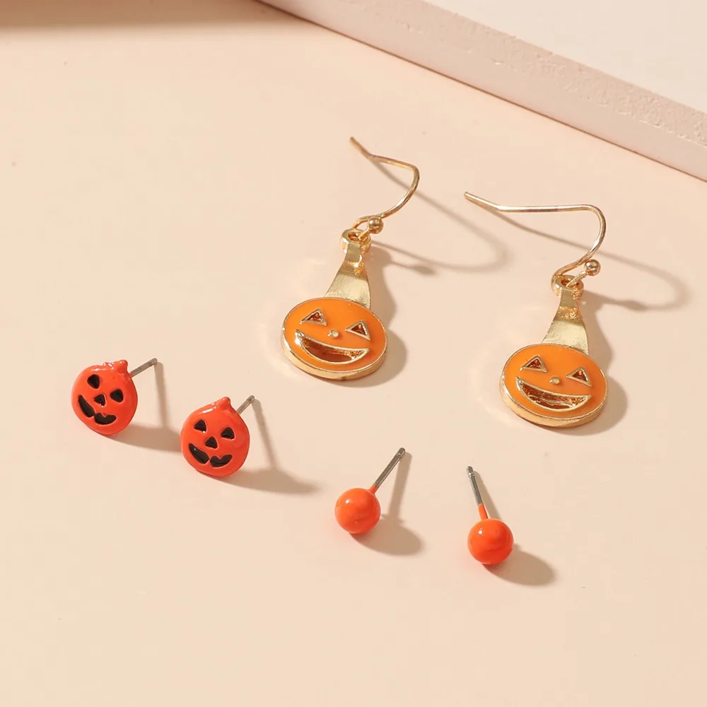 3pcs Set Cartoon Cute Orange Drip Glaze Pumpkin Face Pendant Stud Earrings for Women Halloween Witch Bat Spider Jewelry Sets
