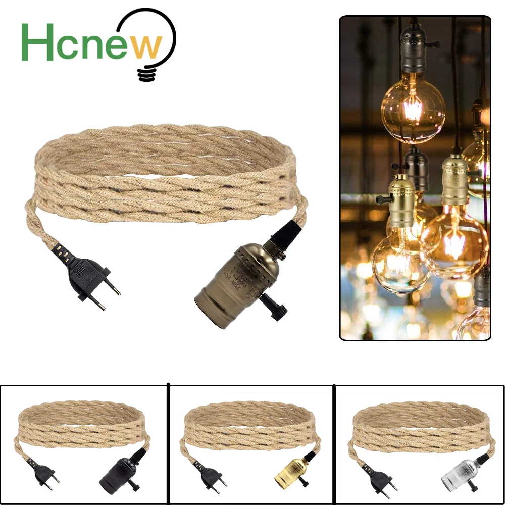 

Retro Power Cord E27 220V Lamp Base Socket 2 Core Copper Wire Twisted Hemp Rope Cable 2/3 Meters Twine Pendant Light Cords