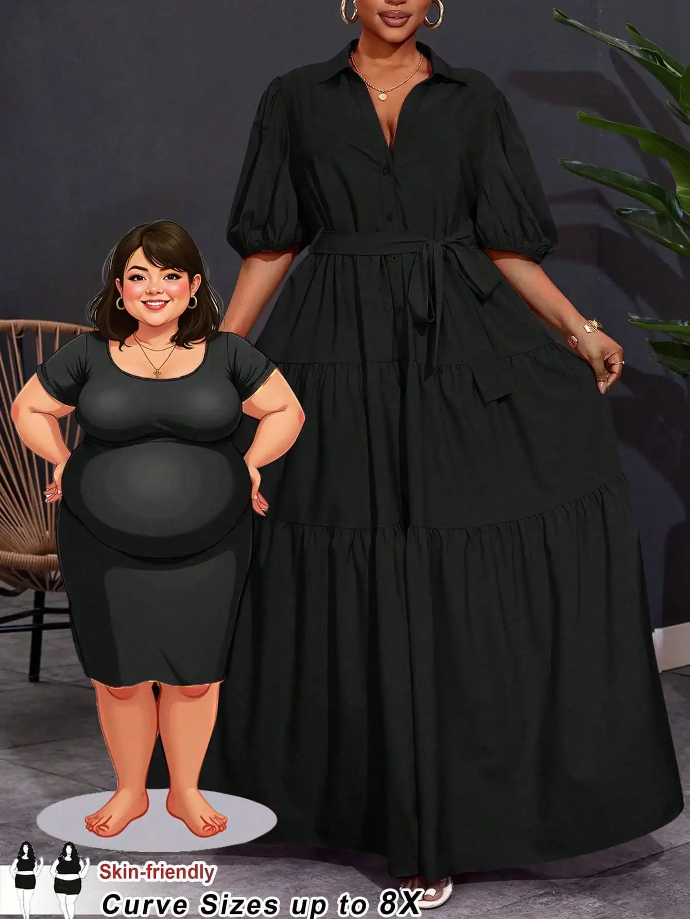 

Black Plus Size A-Line Maxi Dress with Puff Sleeves and Tie Waist
